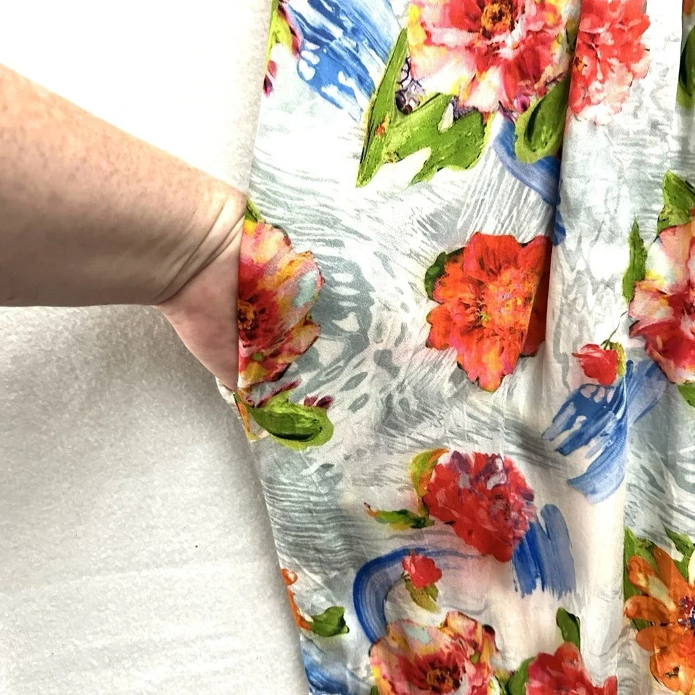 Tolani Floral Dress XL Pintuck Tiered Pockets Crochet Sleeveless Lightweight